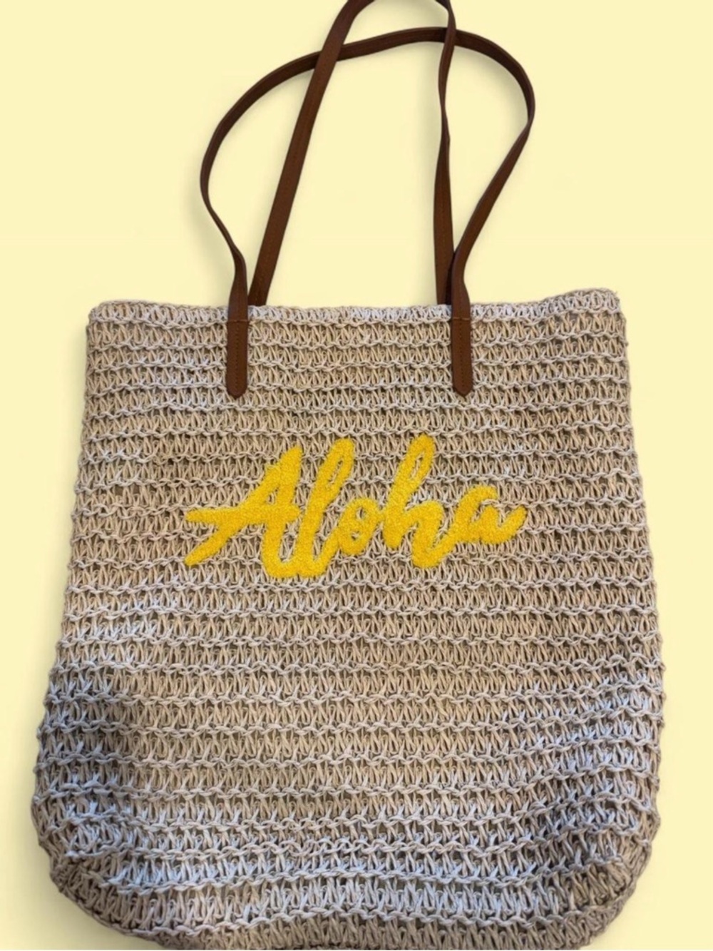 Aloha Straw Tote Bag with Yellow Script